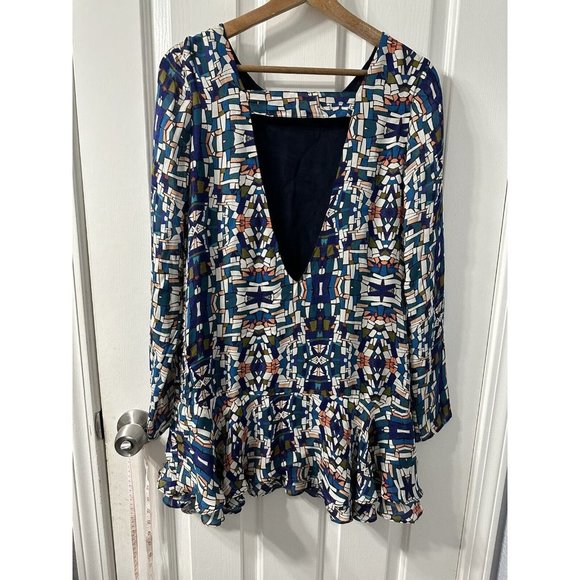 STONE COLD FOX Mini Dress Silk Cut Out Back Long Sleeve Size Approx XS Blue - Picture 2 of 7